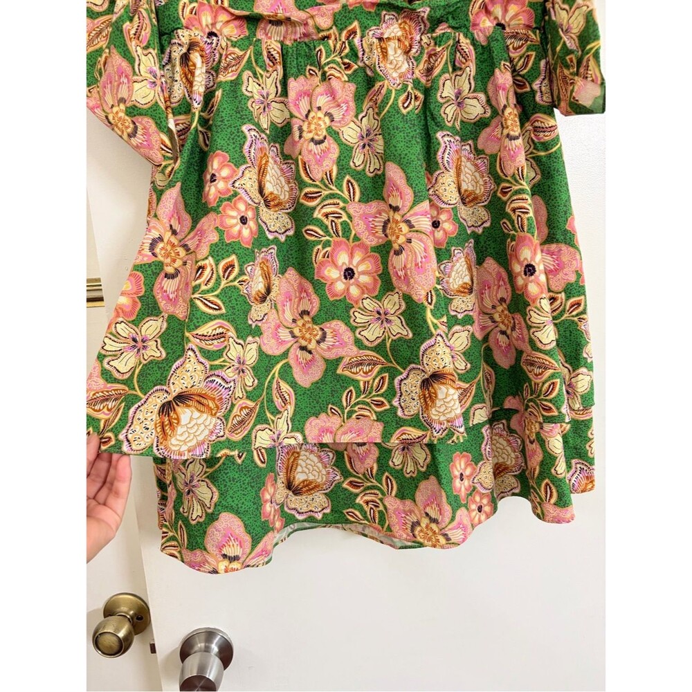 MISA Los Angeles Floral Puff Sleeve Open Back Bow Mini Dress Green Pink Size L - Picture 10 of 12